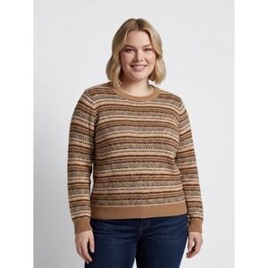 89th & Madison Womens Brown Fair Isle Striped Crewneck‎ Sweater 1X Plus Size